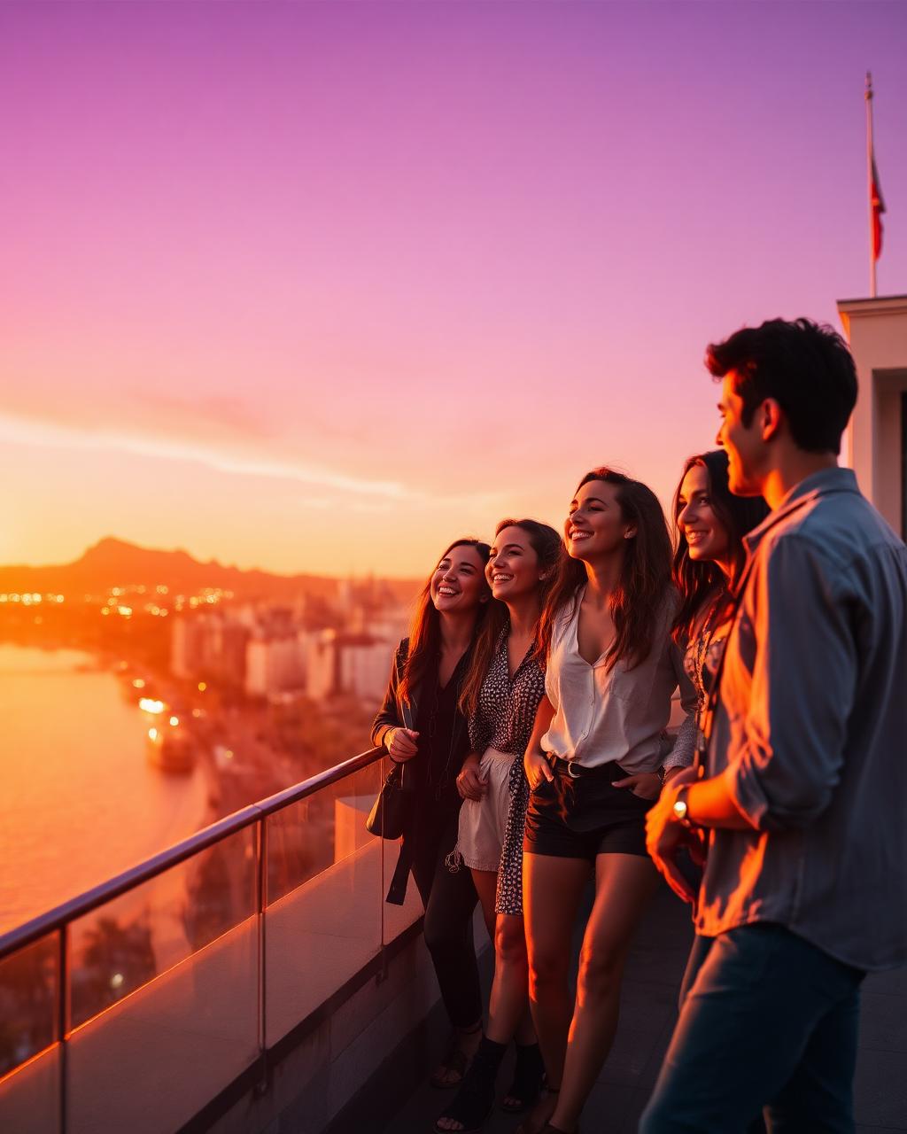Friends watching the sunset from a rooftop on a group trip